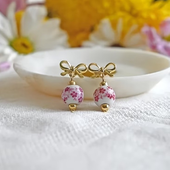 NEW Cute Gold and Pink Bow Cherry Blossom Ceramic Bead Earrings 🌸 main image 3